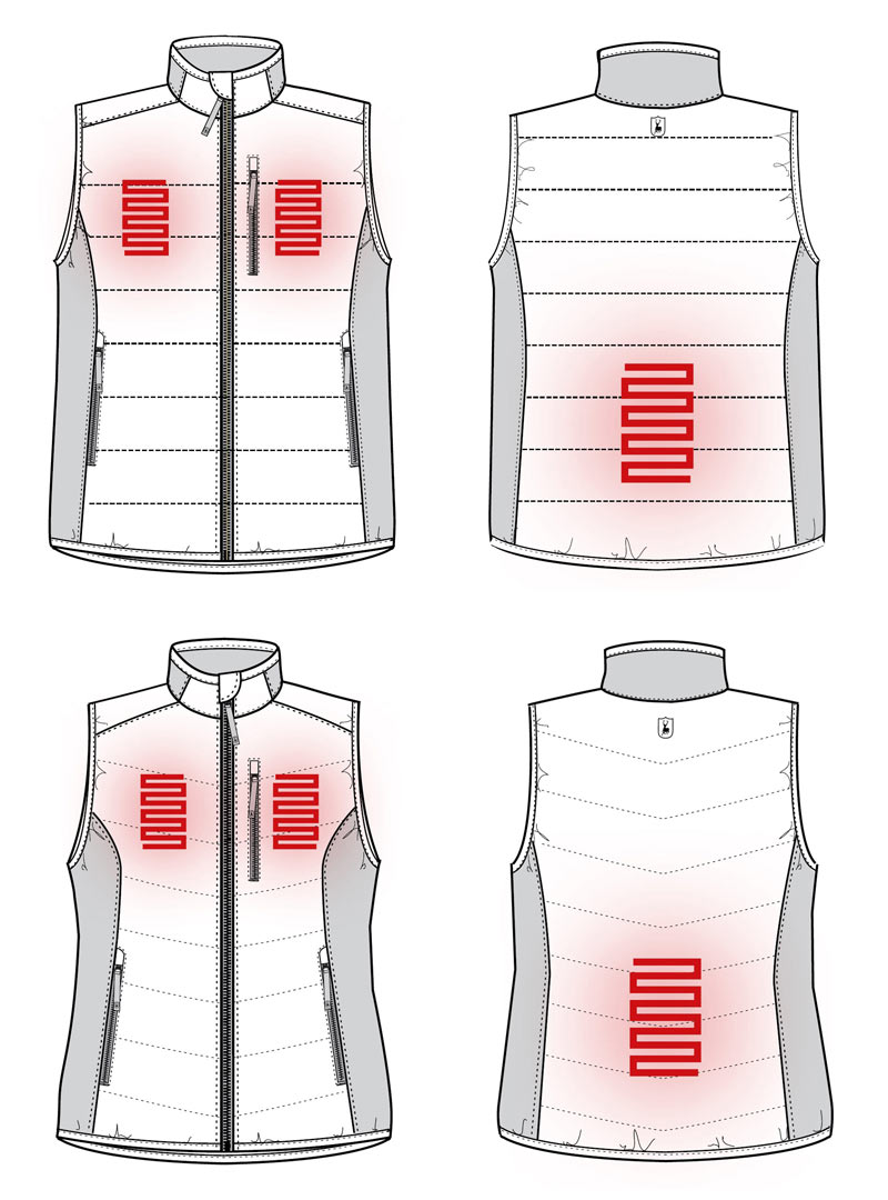 Schematische Darstellung der Heat Padded-Heizwesten, Herrenmodell mit Heizbereichen an Brust und Schulterblatt, Damenmodell an Brust und unterem Rücken.