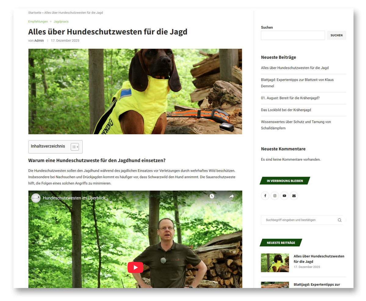 Screenshot des Blogbeitrages zu Hundeschutzwesten