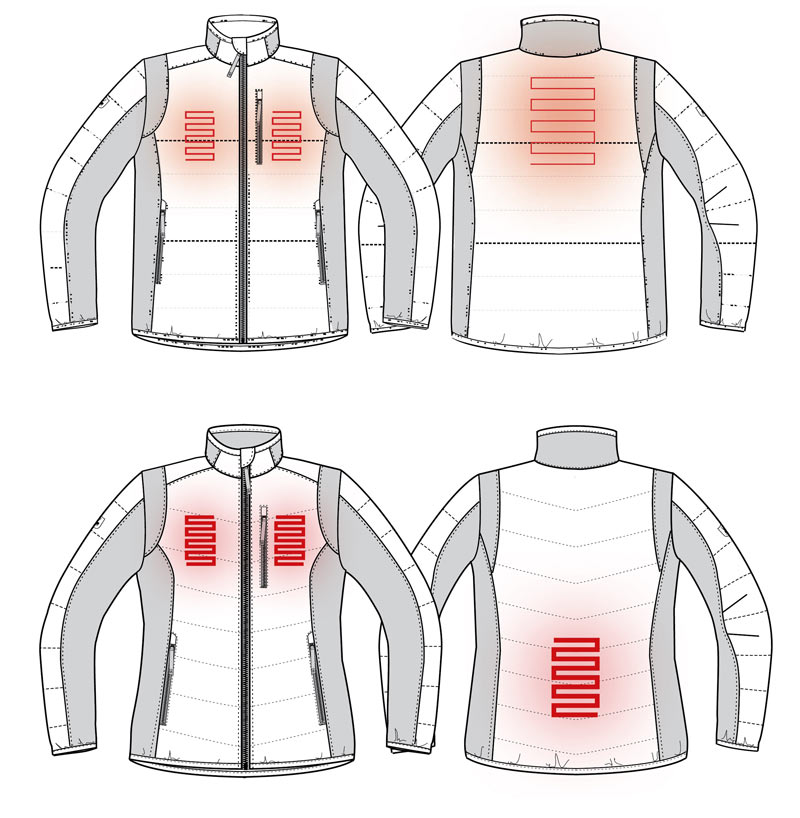 Schematische Darstellung der Heat Padded-Heizjacken, Herrenmodell mit Heizbereichen an Brust und Schulterblatt, Damenmodell an Brust und unterem Rücken.