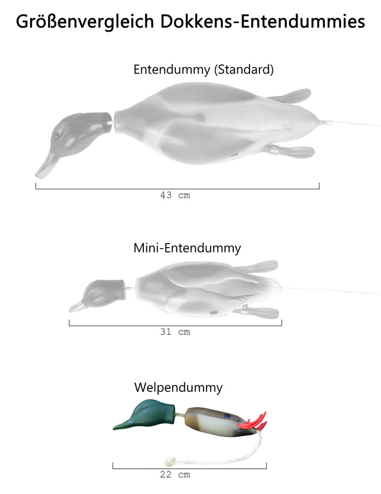 Drei Entendummies im Vergleich - unten der kleinste für Welpen, darüber der mittlere, oben der große (normale Größe