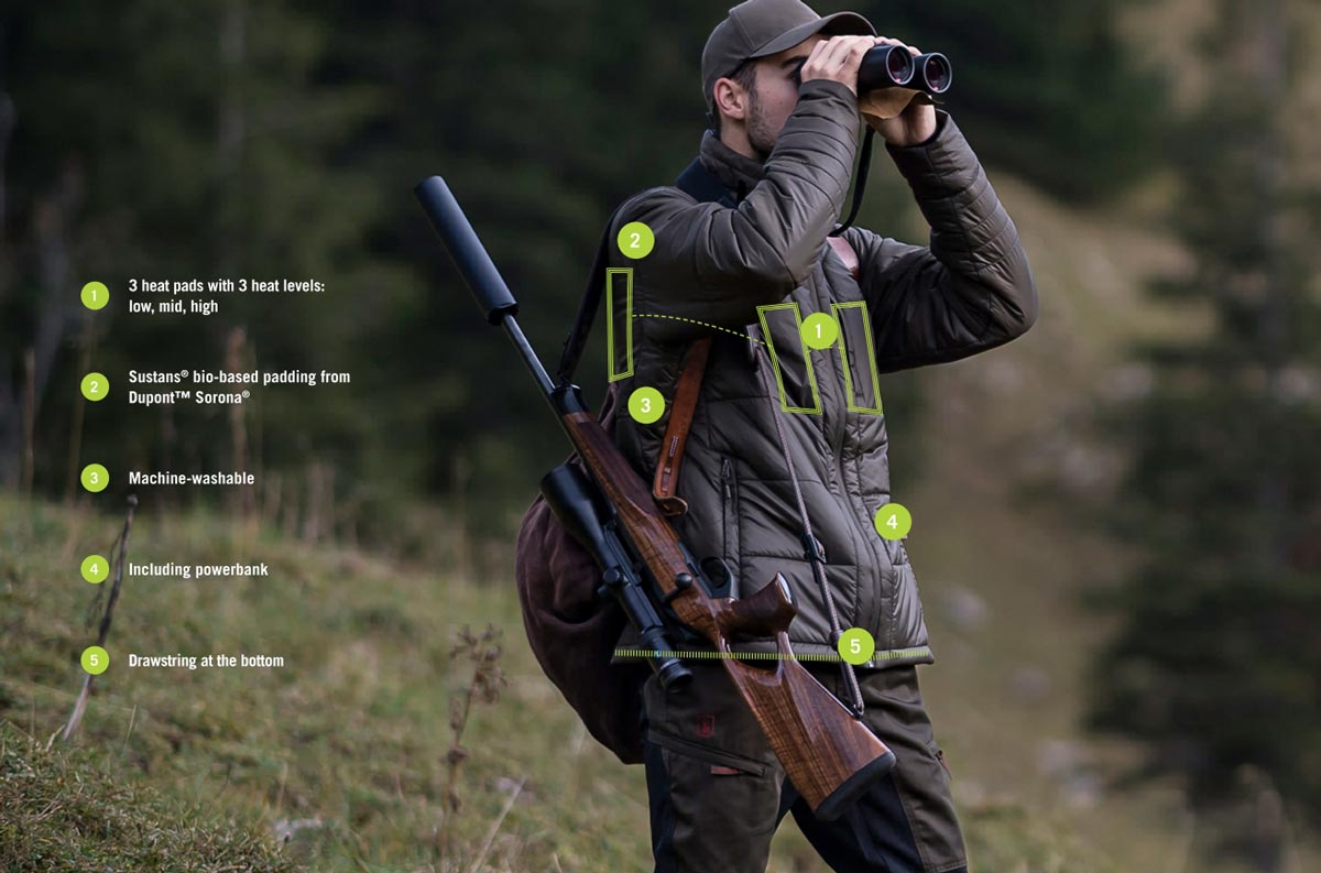 Jäger mit Deerhunter-HEAT-Heizjacke, verschiedene Funktionen sind grafisch hervorgehoben und erklärt