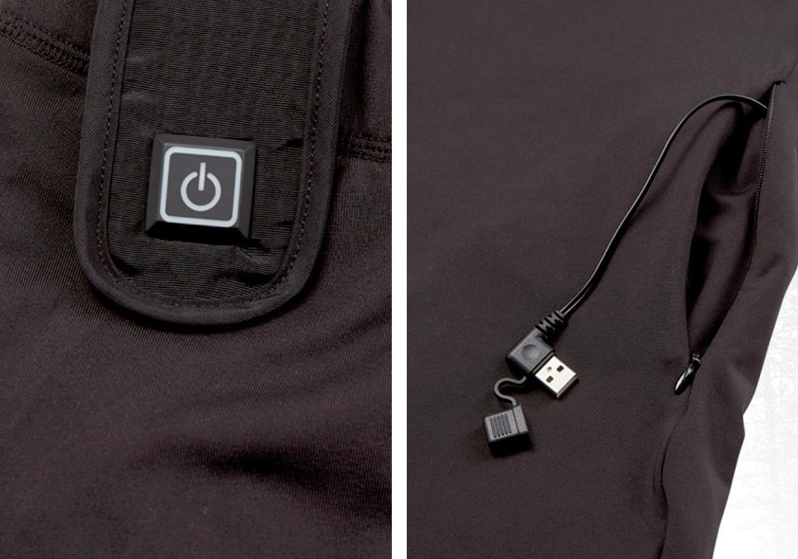 Detailansicht des USB-Kabels und des An-Aus-Knopfes an einem Deerhunter-Heizkleidungsstück.