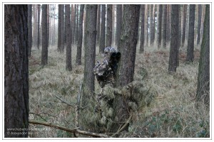 Gut getarnter Jäger glast das Gebiet vor ihm ab