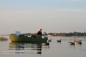 Jäger baut schwimmendes Lockbild vom Boot aus auf