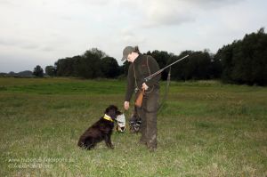 Wachtelhund sitzt vor Jägerin mit apportierter Ente