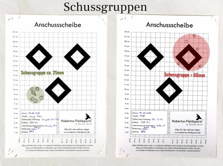 Zwei Anschussscheiben, links mit kleiner Schussgruppe, rechts mit großer Schussgruppe