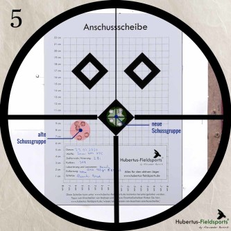 5. Neues Ausrichten der Waffe, wieder auf Mitte der Anschussscheibe, die neue Schussgruppe liegt nun ebenfalls mittig