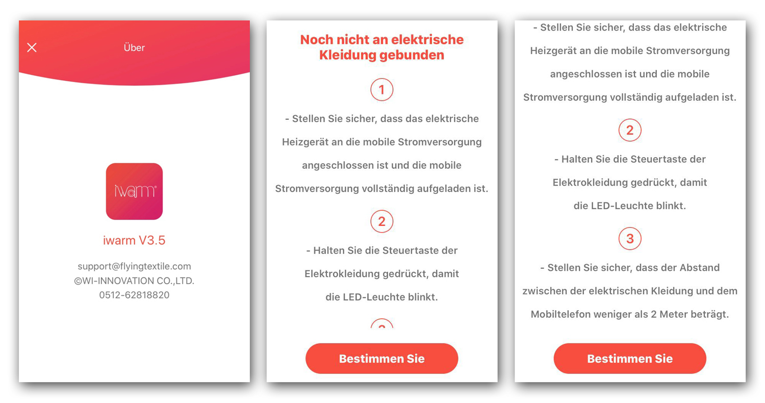 Grafik der Benutzeroberfläche der App iwarm3 für die Smartphone-Steuerung der iHeat-Heizweste von Shooterking