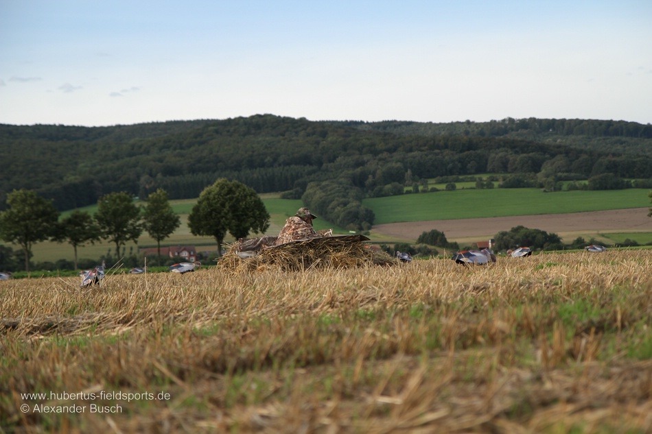 Das Warten auf den ersten Anflug beginnt- die Jäger beziehen ihre Schirme Gänsejäger im Tarnanzug mit Realtree Max-4 Tarnmuster liegt in HS Layout Blind Hitman